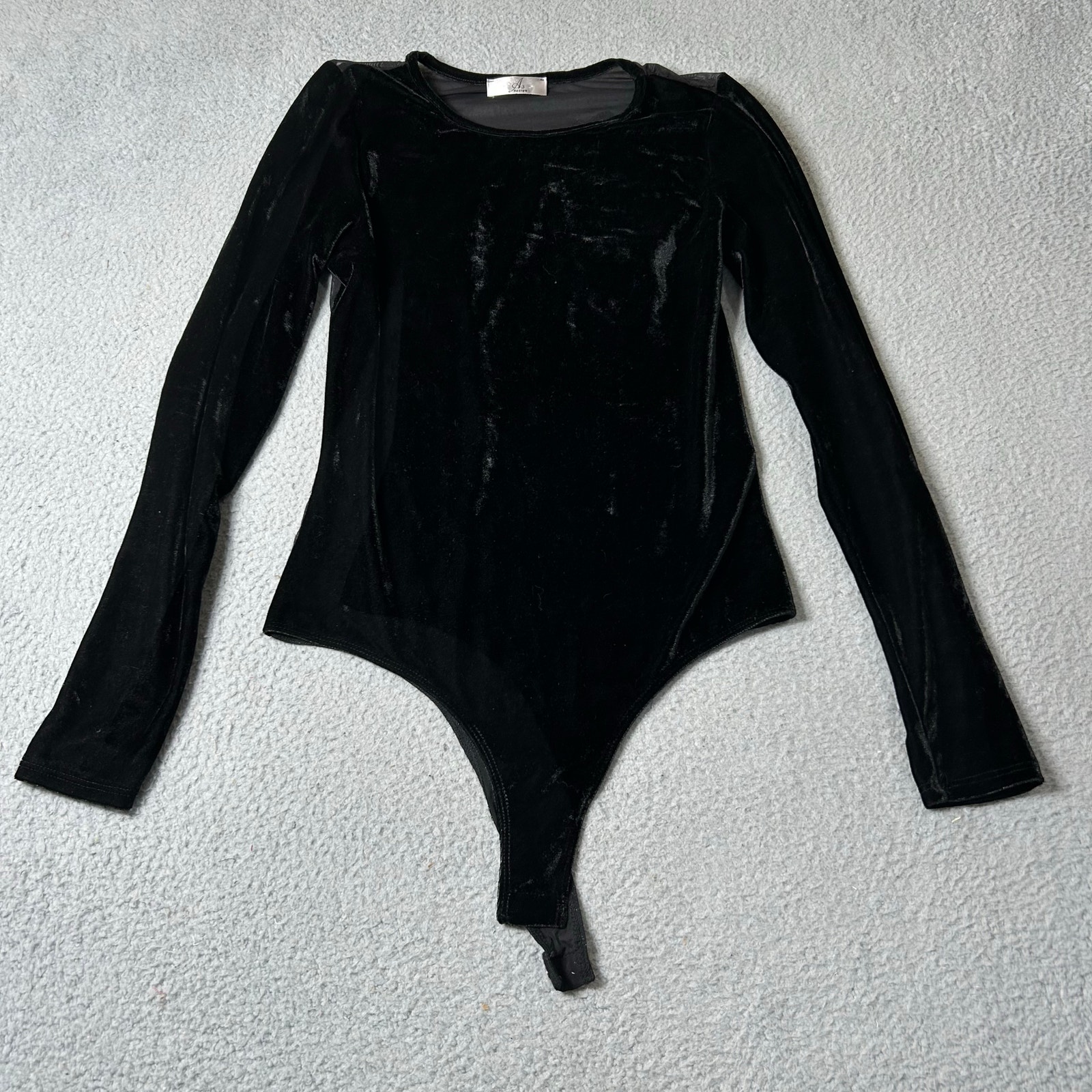 A3 Design Bodysuit Juniors Womens L Black Velvet Long Sleeve Angel Sequin Wings